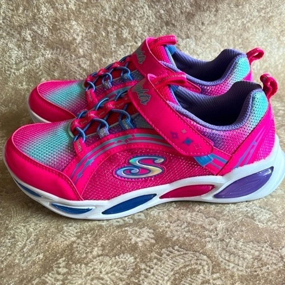 Brand New Skechers S-Lights Powered Girls Slip On Hot Pink Shimmer Sneakers